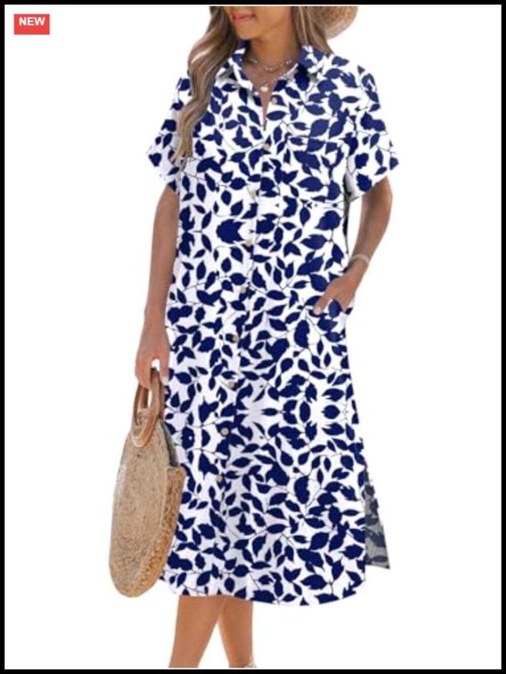 Women Summer Casual Short Sleeve Button Down Midi Dress with Pockets